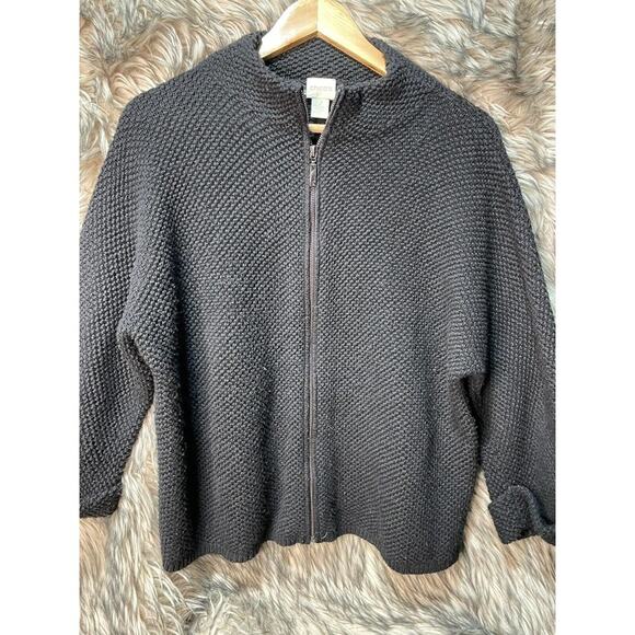 Chico's Black Full zip Chunky‎ Knit Sweater / Jacket Women's Size 2 - Picture 1 of 8